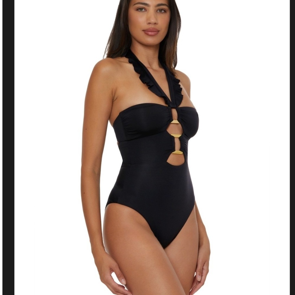 Soluna One Piece Swimsuit Womens Medium Black Cut Out Halter $98 Gold Hardware